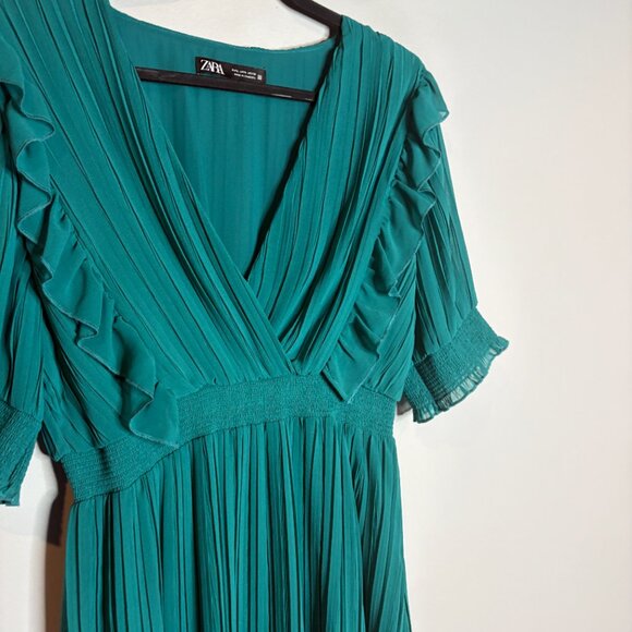 Zara teal ruffle pleated midi dress - Picture 3 of 6